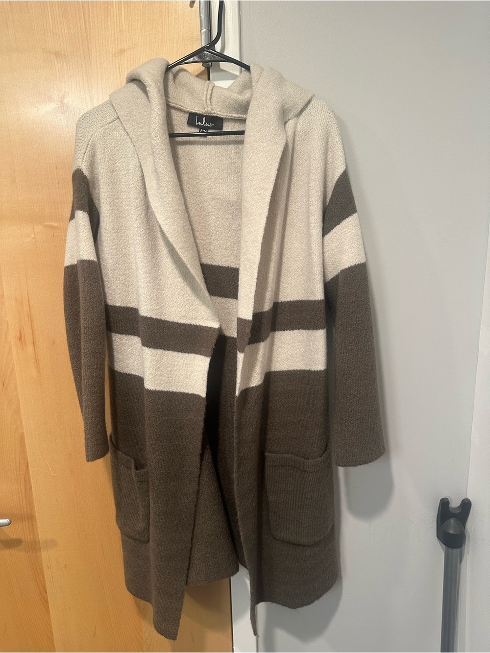 Lulus Hooded Striped Open Cardigan - Cream & Olive